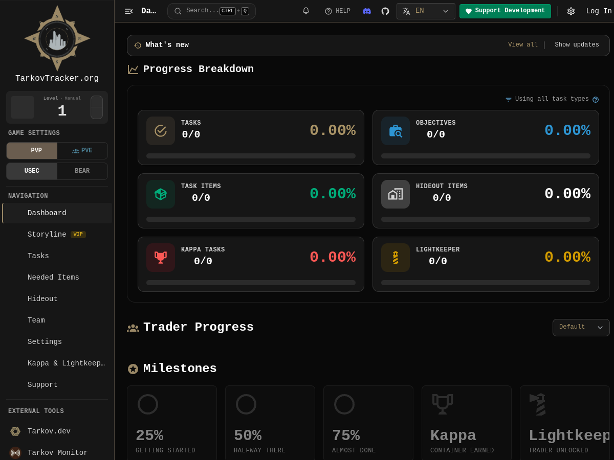 Live homepage preview of TarkovTracker.org